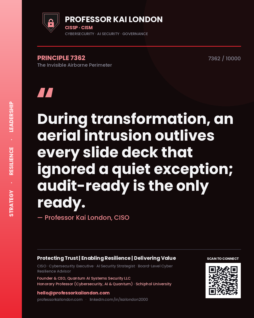 Professor Kai London principle 7362: During transformation, an aerial intrusion outlives every slide deck that ignored a quiet exception; audit-ready is the only ready.