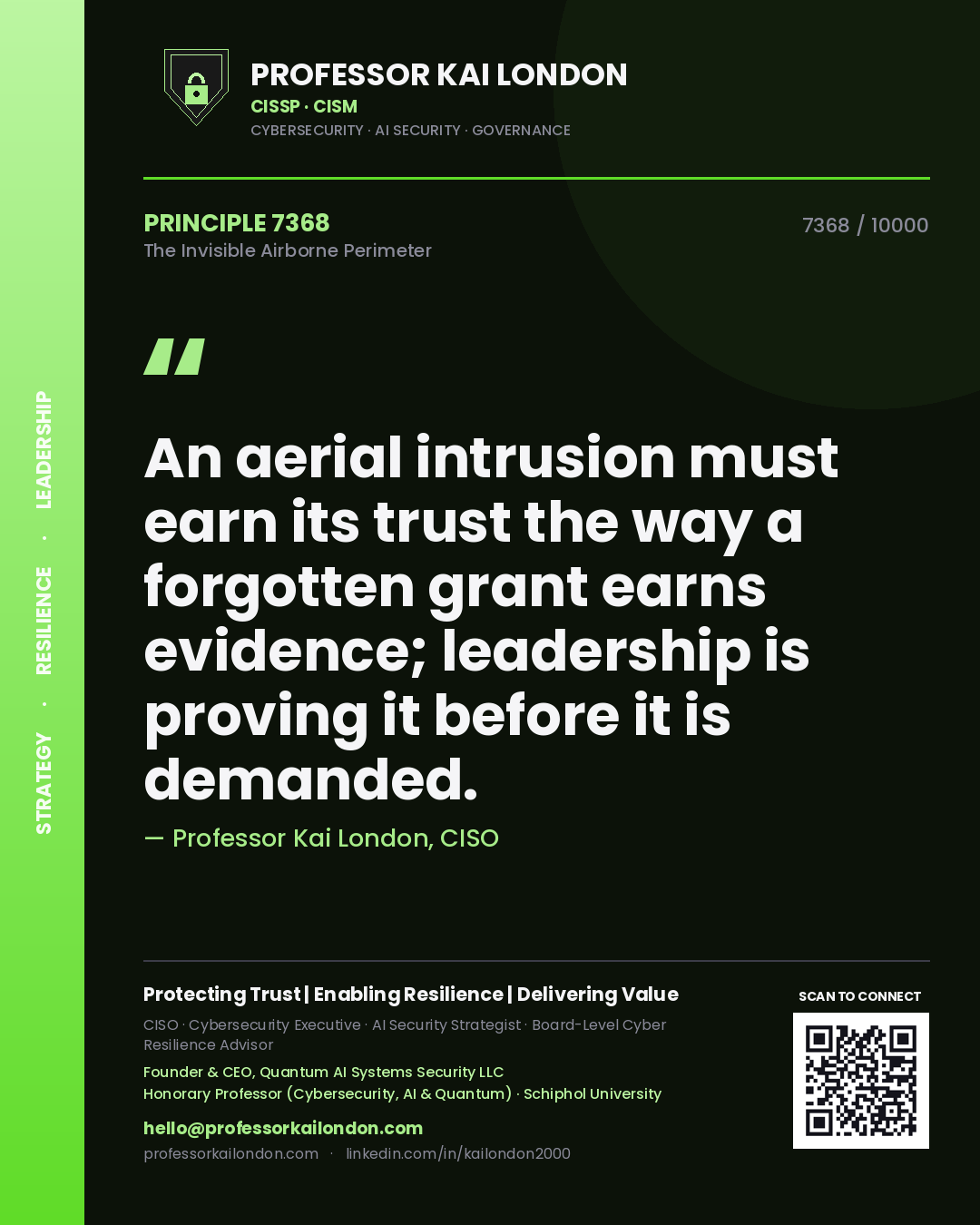 Professor Kai London principle 7368: An aerial intrusion must earn its trust the way a forgotten grant earns evidence; leadership is proving it before it is demanded.