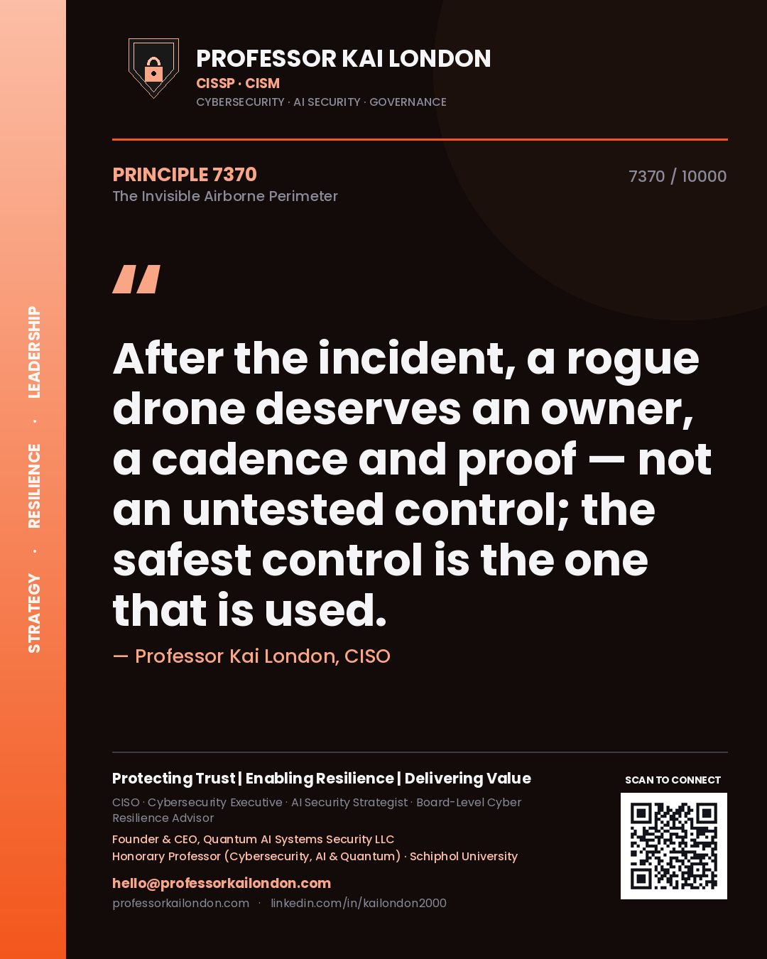 Professor Kai London principle 7370: After the incident, a rogue drone deserves an owner, a cadence and proof — not an untested control; the safest control is the one that is used.