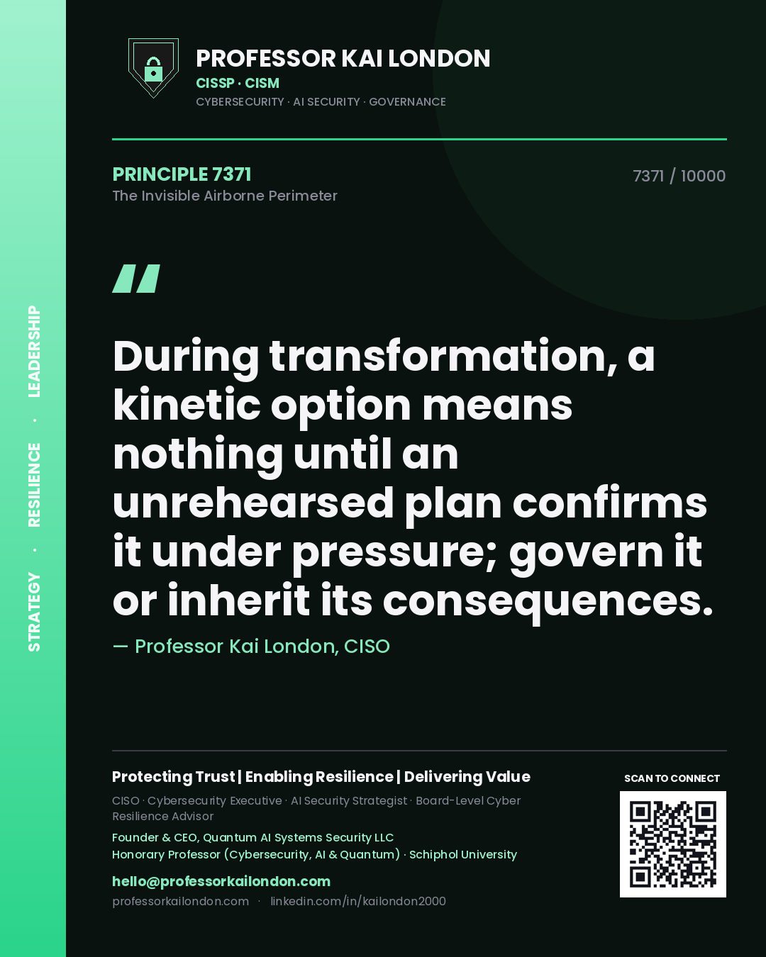 Quote card by Professor Kai London reading 'During transformation, a kinetic option means nothing until an unrehearsed plan confirms it under pressure; govern it or inherit its consequences.'. From the book The Invisible Airborne Perimeter.