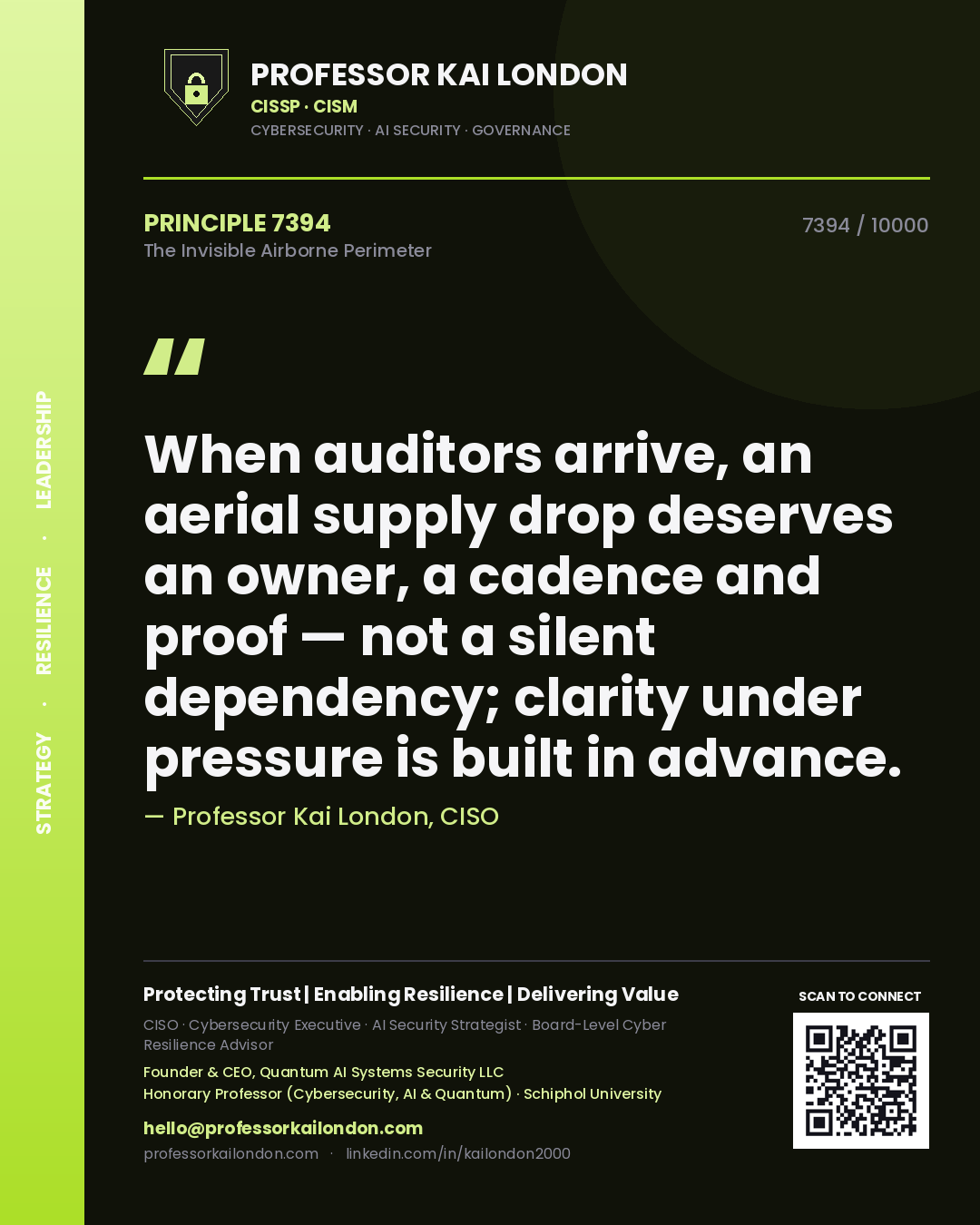 Professor Kai London principle 7394: When auditors arrive, an aerial supply drop deserves an owner, a cadence and proof — not a silent dependency; clarity under pressure is built in advance.