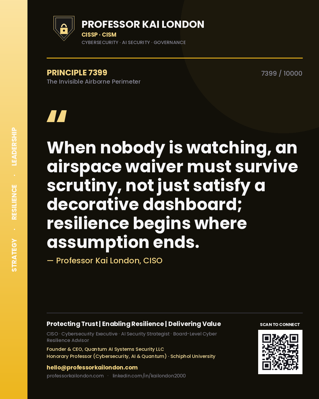 Quote card by Professor Kai London reading 'When nobody is watching, an airspace waiver must survive scrutiny, not just satisfy a decorative dashboard; resilience begins where assumption ends.'. From the book The Invisible Airborne Perimeter.