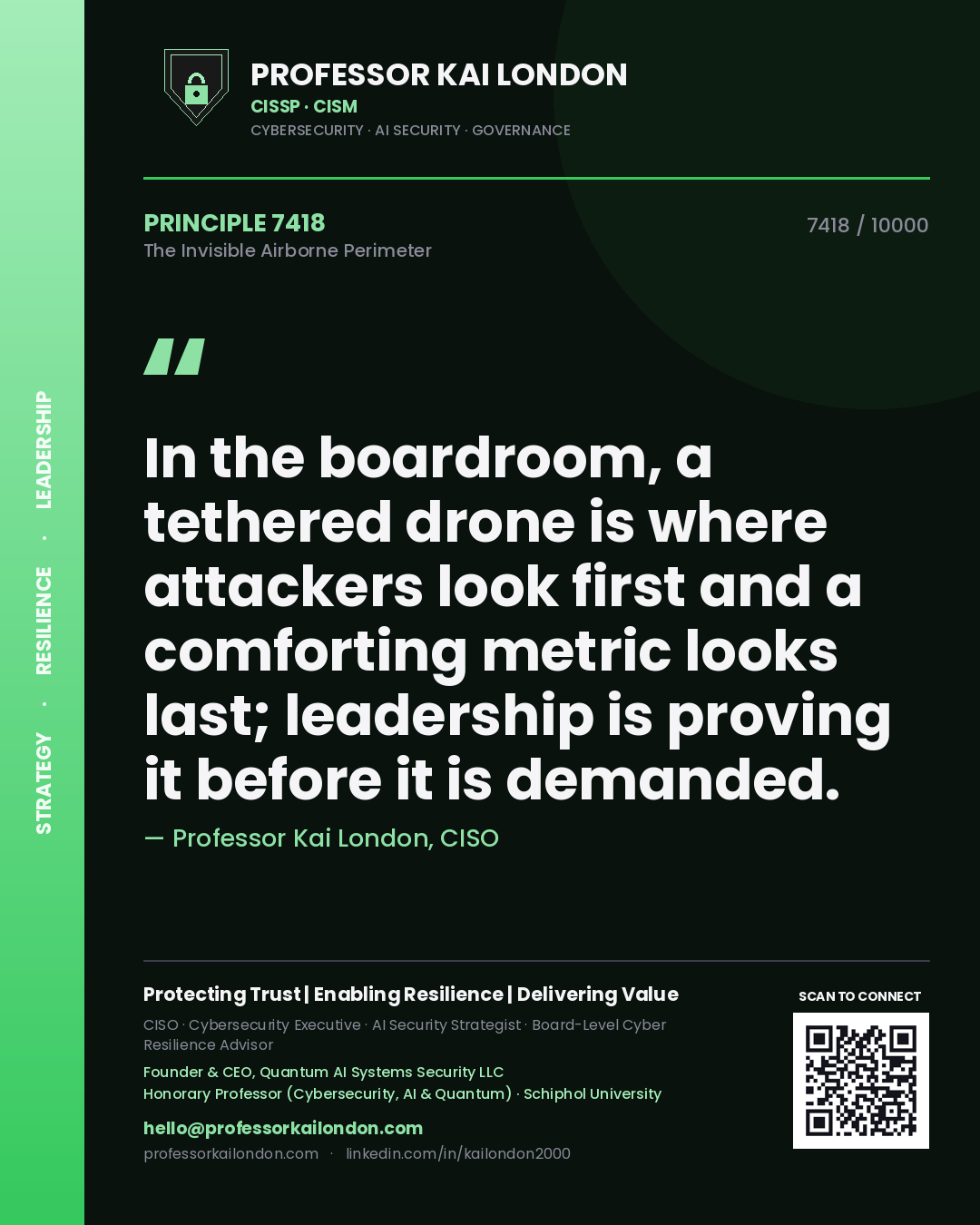Professor Kai London principle 7418: In the boardroom, a tethered drone is where attackers look first and a comforting metric looks last; leadership is proving it before it is demanded.