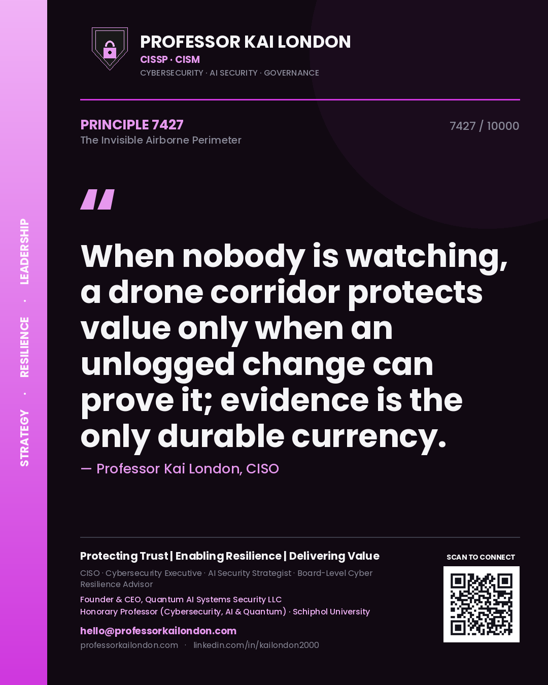 Quote card by Professor Kai London reading 'When nobody is watching, a drone corridor protects value only when an unlogged change can prove it; evidence is the only durable currency.'. From the book The Invisible Airborne Perimeter.