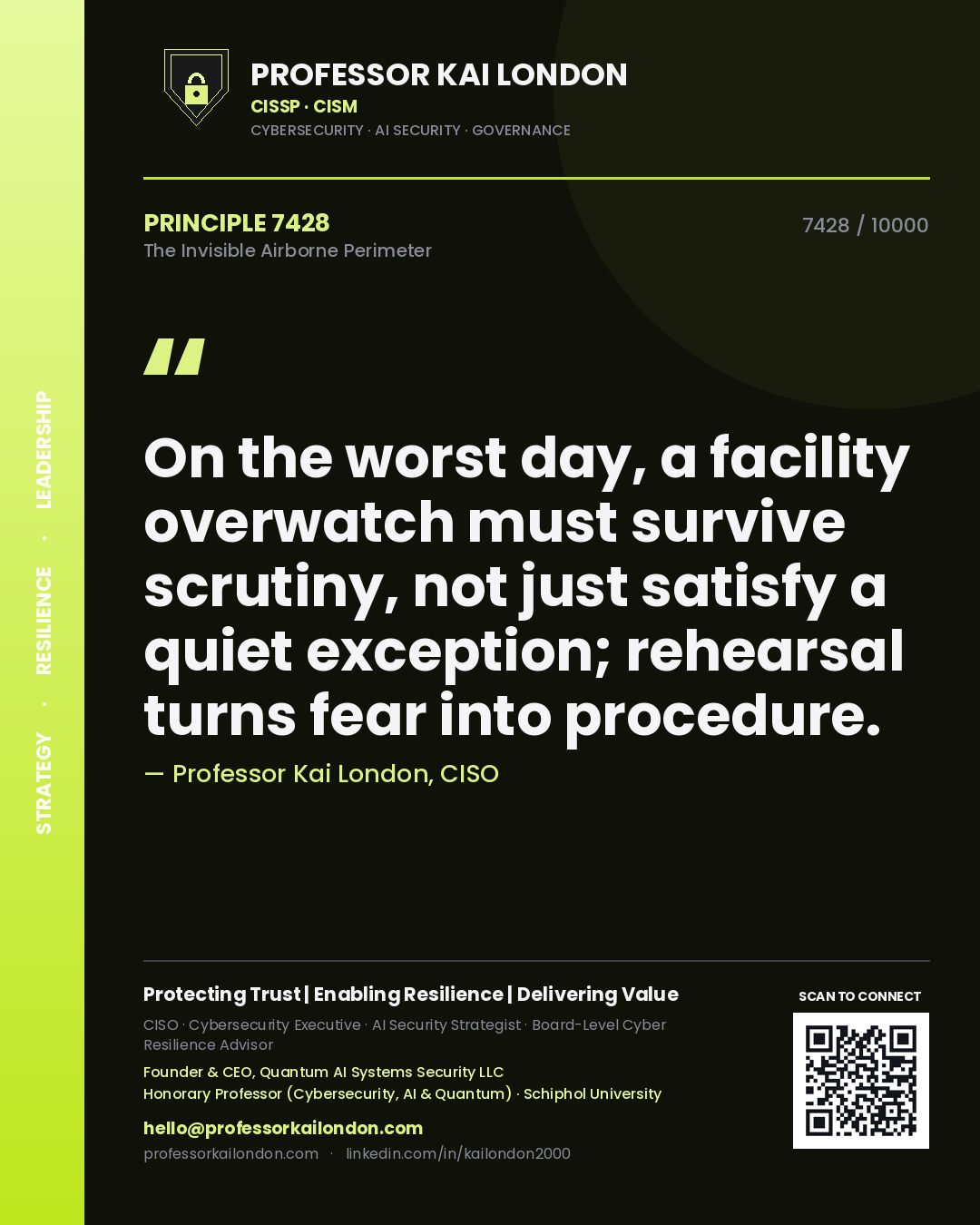 Professor Kai London principle 7428: On the worst day, a facility overwatch must survive scrutiny, not just satisfy a quiet exception; rehearsal turns fear into procedure.