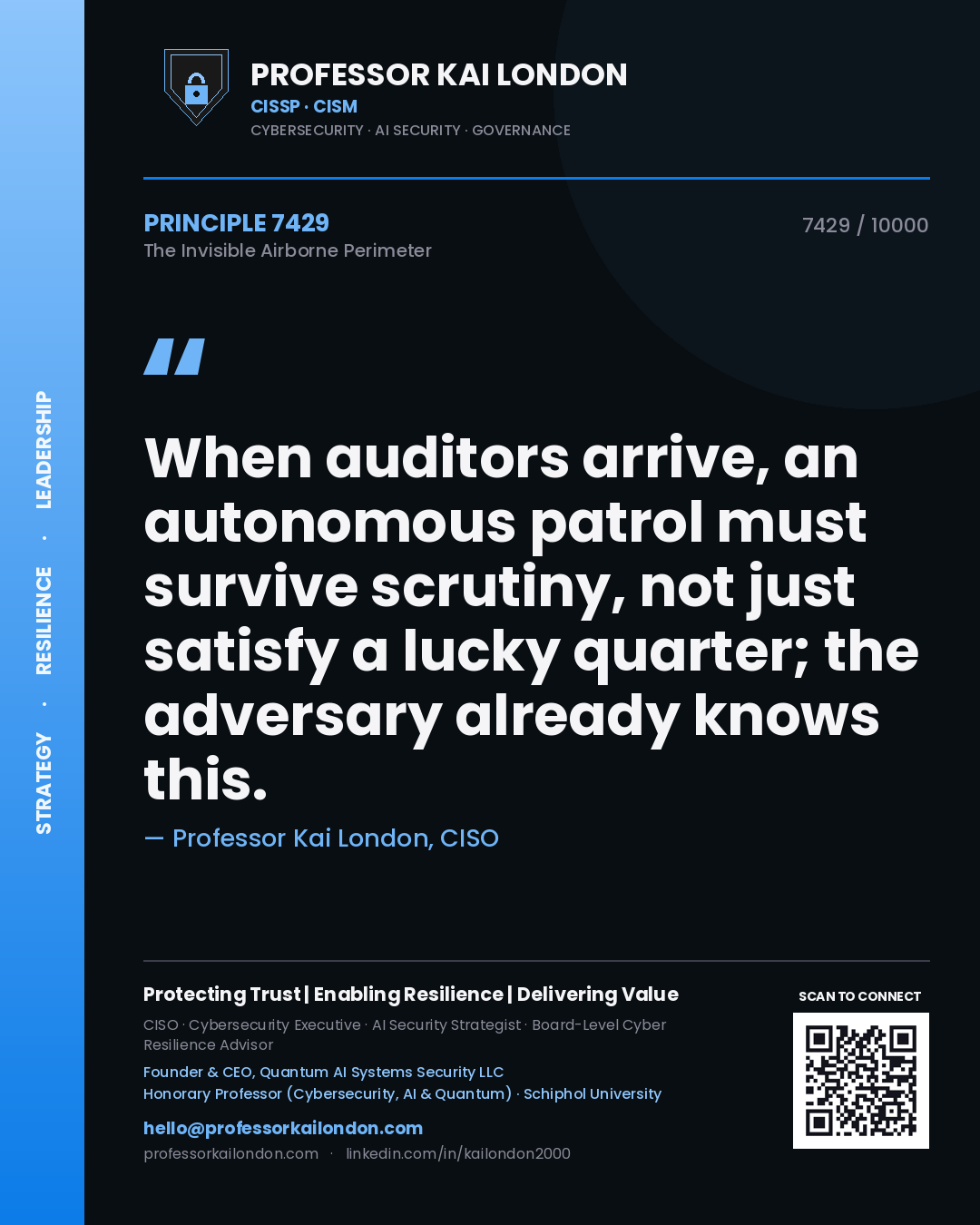 Quote card by Professor Kai London reading 'When auditors arrive, an autonomous patrol must survive scrutiny, not just satisfy a lucky quarter; the adversary already knows this.'. From the book The Invisible Airborne Perimeter.