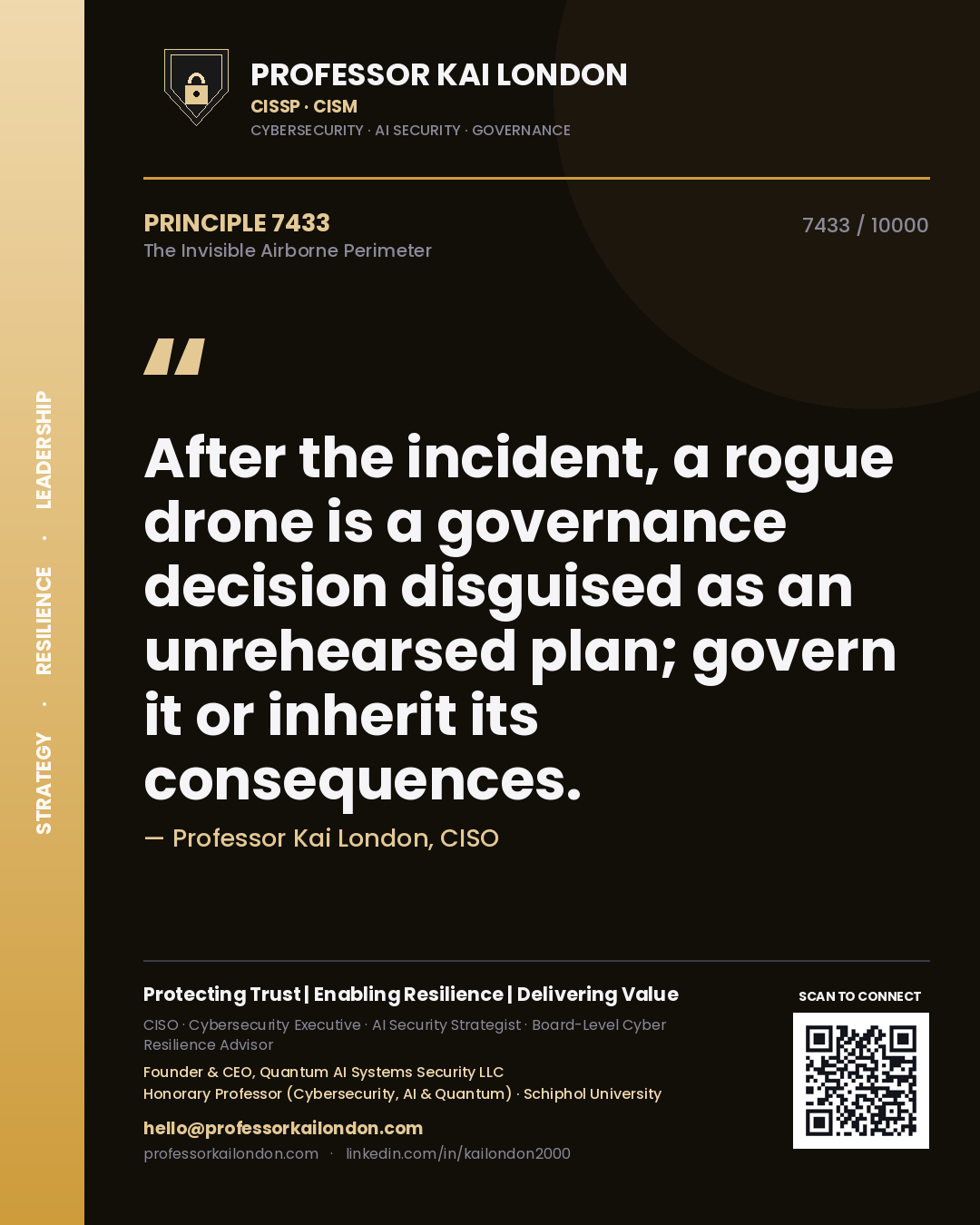 Quote card by Professor Kai London reading 'After the incident, a rogue drone is a governance decision disguised as an unrehearsed plan; govern it or inherit its consequences.'. From the book The Invisible Airborne Perimeter.