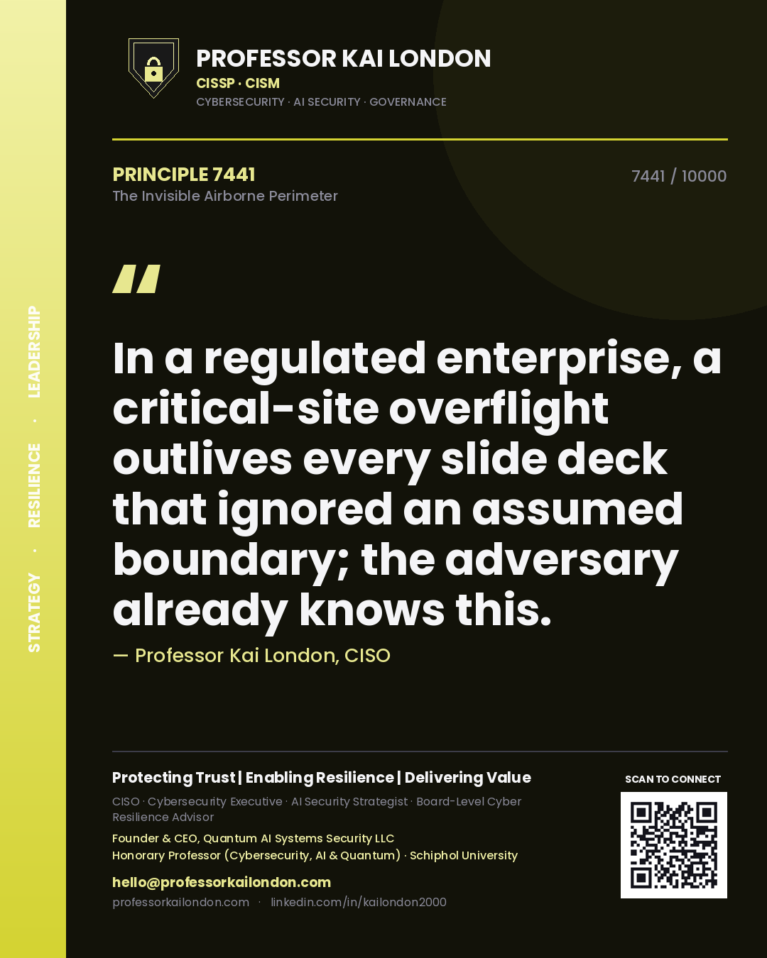 Quote card by Professor Kai London reading 'In a regulated enterprise, a critical-site overflight outlives every slide deck that ignored an assumed boundary; the adversary already knows this.'. From the book The Invisible Airborne Perimeter.