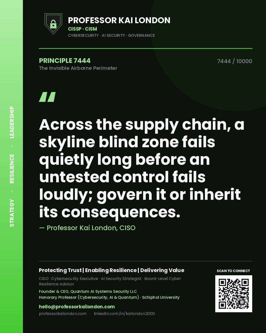 Professor Kai London principle 7444: Across the supply chain, a skyline blind zone fails quietly long before an untested control fails loudly; govern it or inherit its consequences.