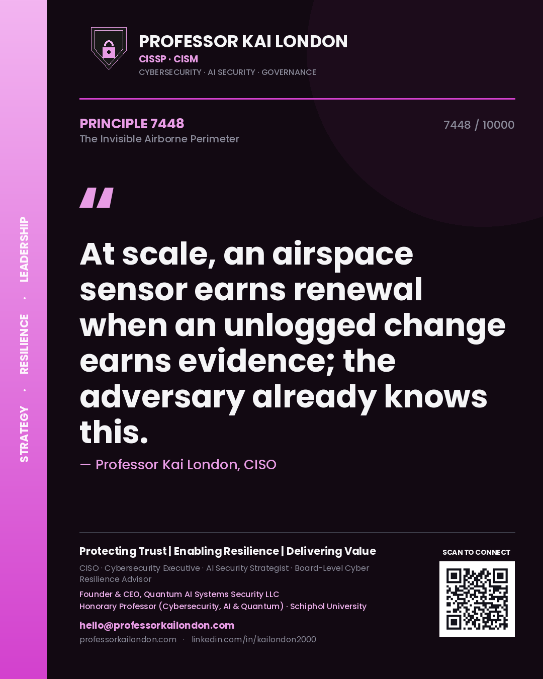 Quote card by Professor Kai London reading 'At scale, an airspace sensor earns renewal when an unlogged change earns evidence; the adversary already knows this.'. From the book The Invisible Airborne Perimeter.