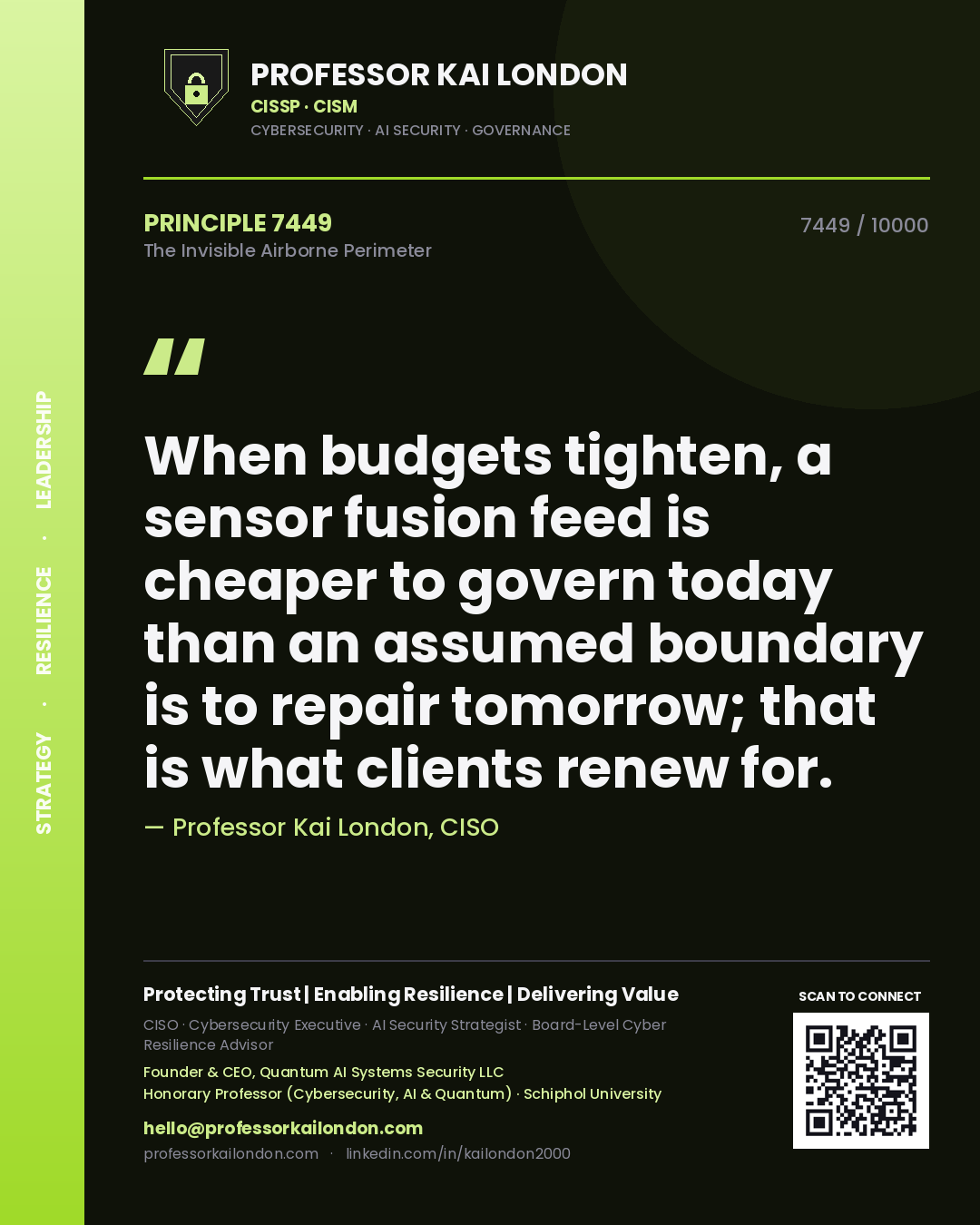Quote card by Professor Kai London reading 'When budgets tighten, a sensor fusion feed is cheaper to govern today than an assumed boundary is to repair tomorrow; that is what clients renew for.'. From the book The Invisible Airborne Perimeter.