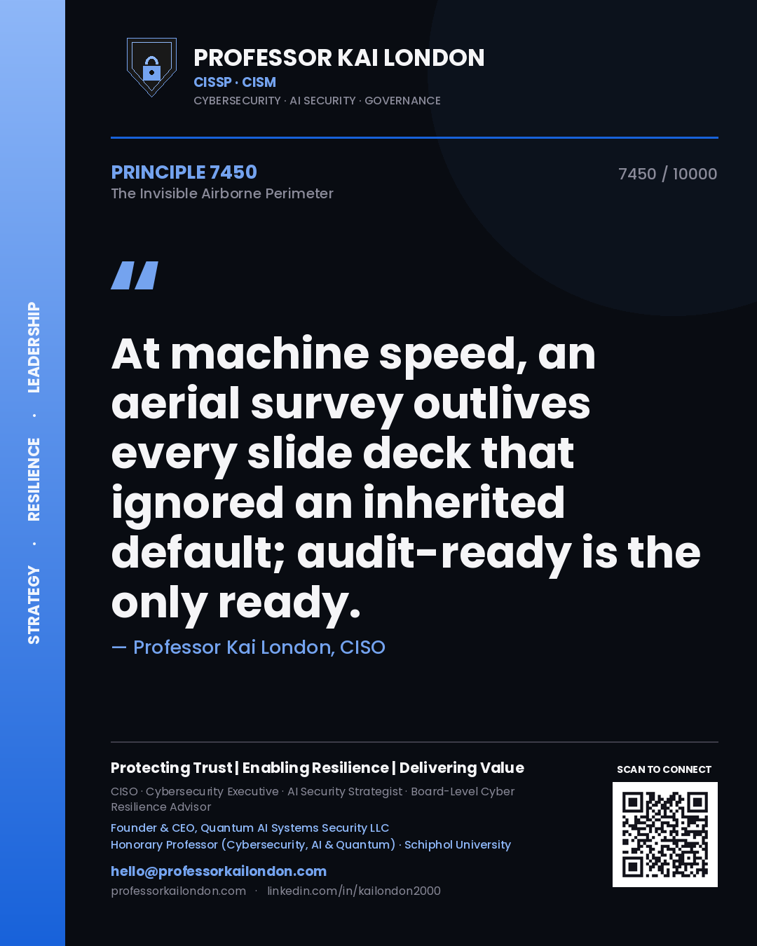 Professor Kai London principle 7450: At machine speed, an aerial survey outlives every slide deck that ignored an inherited default; audit-ready is the only ready.