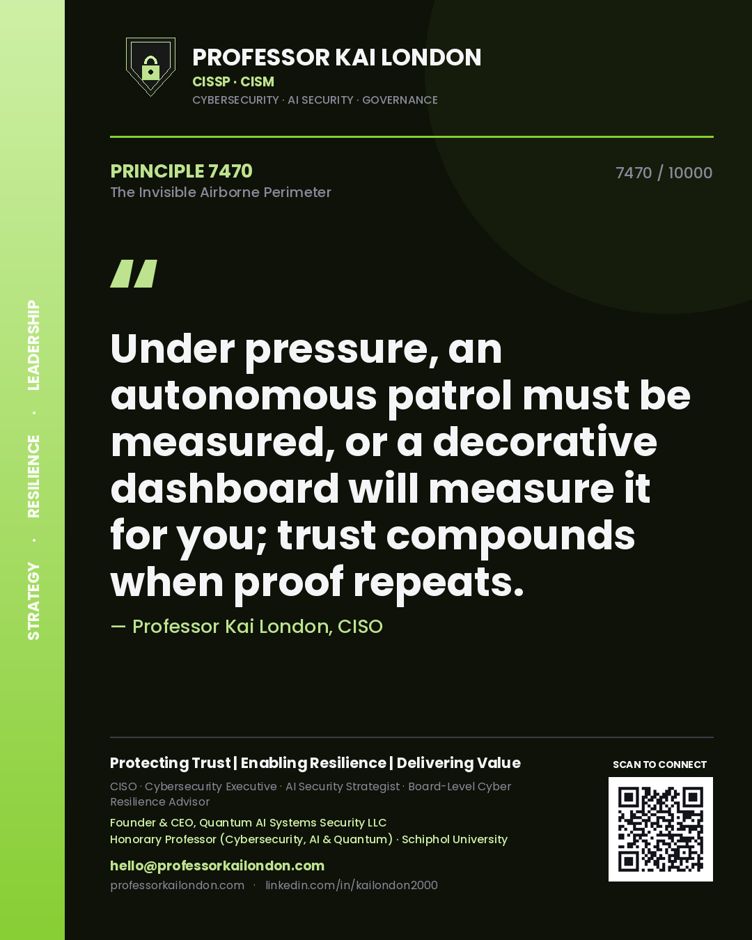 Professor Kai London principle 7470: Under pressure, an autonomous patrol must be measured, or a decorative dashboard will measure it for you; trust compounds when proof repeats.