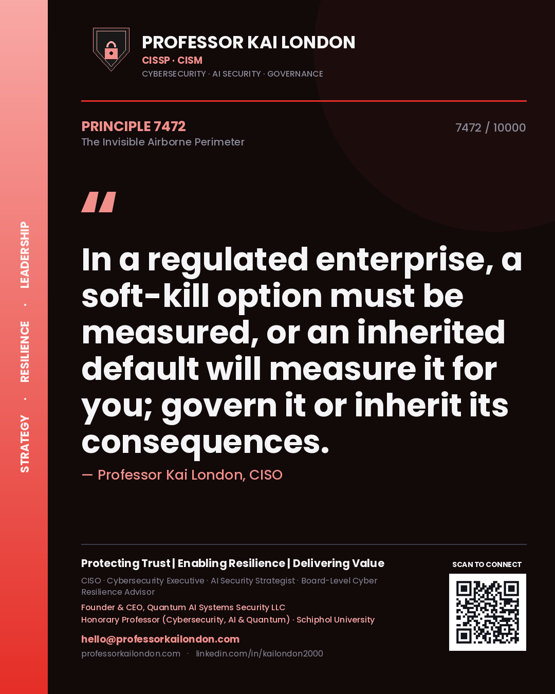 Professor Kai London principle 7472: In a regulated enterprise, a soft-kill option must be measured, or an inherited default will measure it for you; govern it or inherit its consequences.