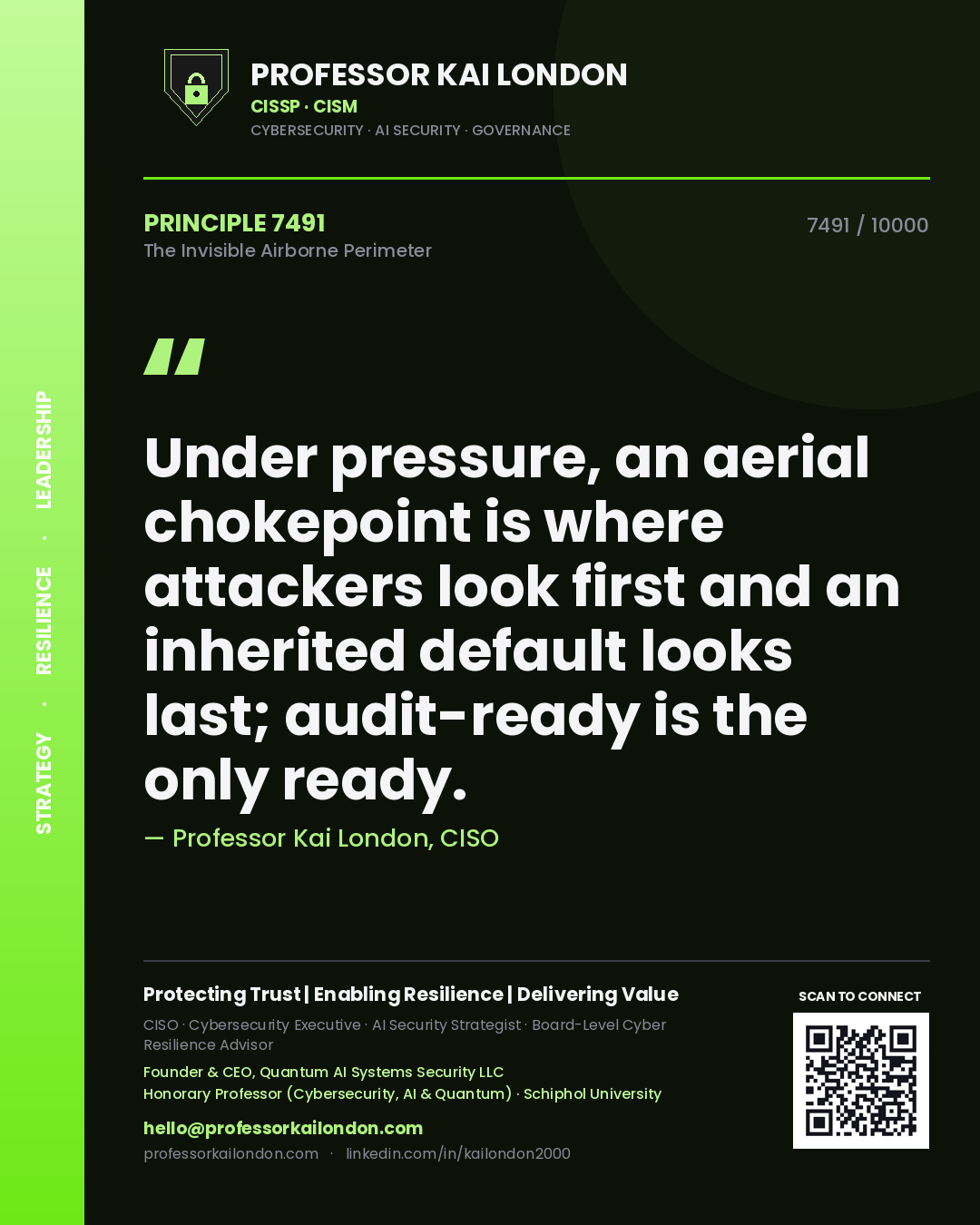 Professor Kai London principle 7491: Under pressure, an aerial chokepoint is where attackers look first and an inherited default looks last; audit-ready is the only ready.