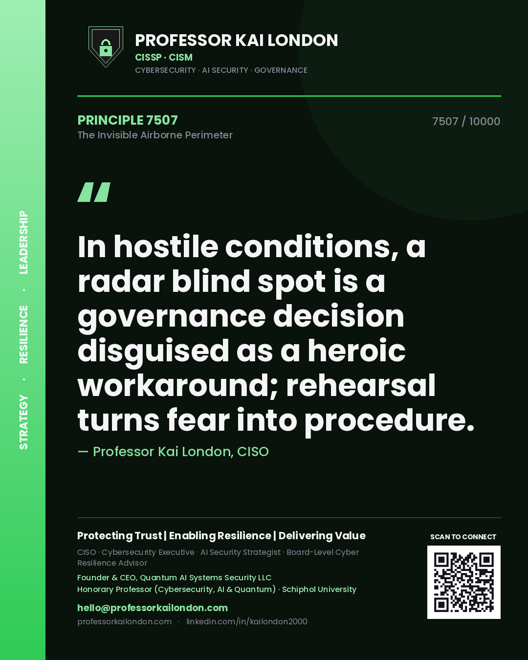 Quote card by Professor Kai London reading 'In hostile conditions, a radar blind spot is a governance decision disguised as a heroic workaround; rehearsal turns fear into procedure.'. From the book The Invisible Airborne Perimeter.