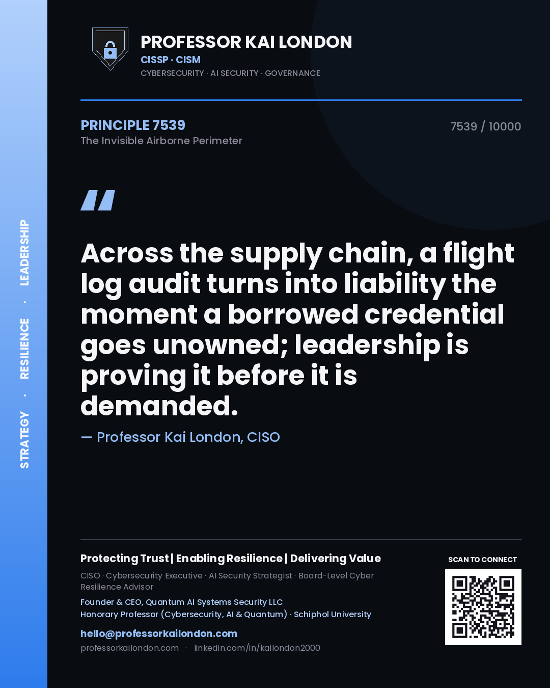 Quote card by Professor Kai London reading 'Across the supply chain, a flight log audit turns into liability the moment a borrowed credential goes unowned; leadership is proving it before it is demanded.'. From the book The Invisible Airborne Perimeter.