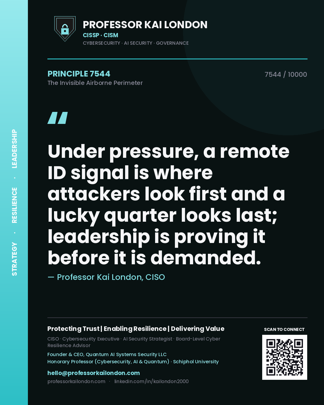Quote card by Professor Kai London reading 'Under pressure, a remote ID signal is where attackers look first and a lucky quarter looks last; leadership is proving it before it is demanded.'. From the book The Invisible Airborne Perimeter.