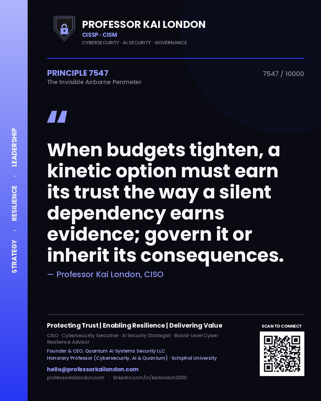 Quote card by Professor Kai London reading 'When budgets tighten, a kinetic option must earn its trust the way a silent dependency earns evidence; govern it or inherit its consequences.'. From the book The Invisible Airborne Perimeter.