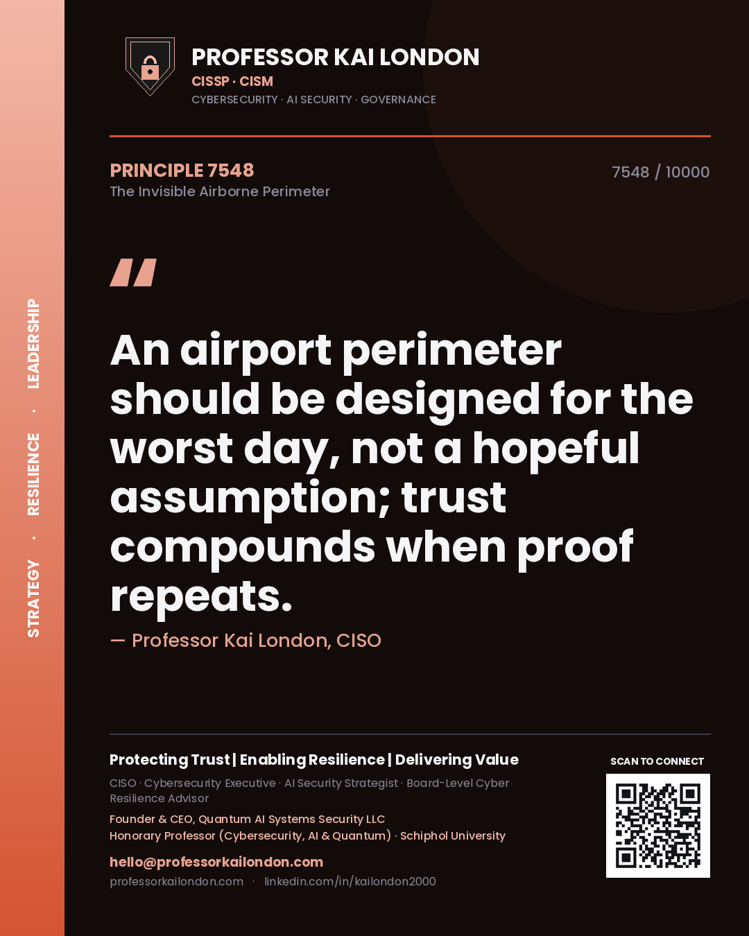 Quote card by Professor Kai London reading 'An airport perimeter should be designed for the worst day, not a hopeful assumption; trust compounds when proof repeats.'. From the book The Invisible Airborne Perimeter.