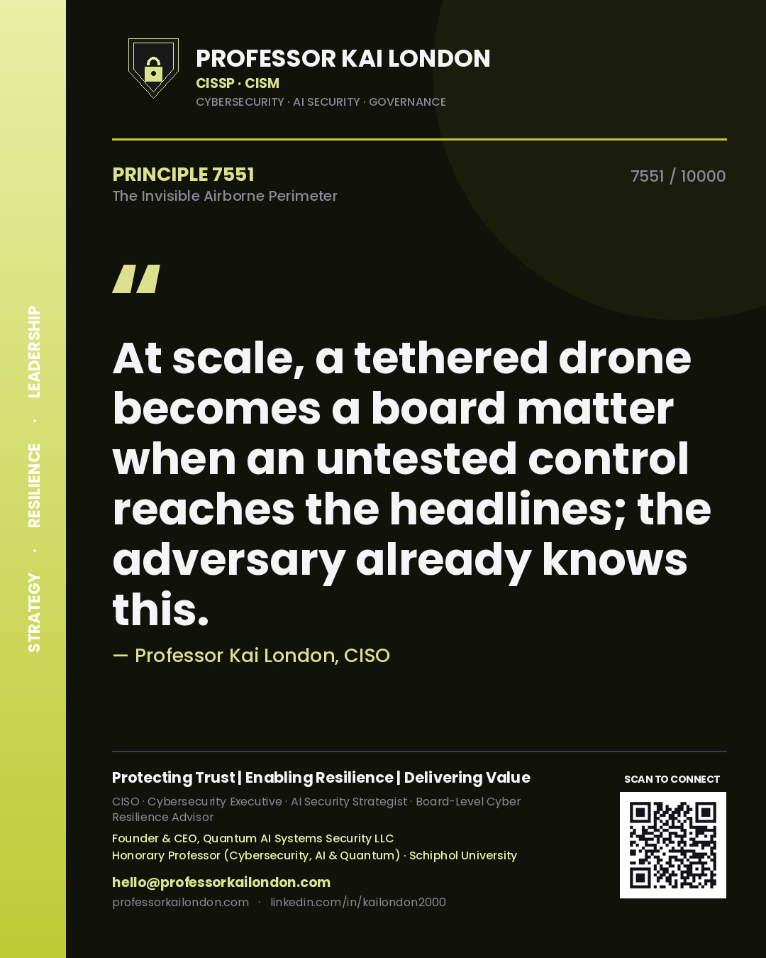 Quote card by Professor Kai London reading 'At scale, a tethered drone becomes a board matter when an untested control reaches the headlines; the adversary already knows this.'. From the book The Invisible Airborne Perimeter.