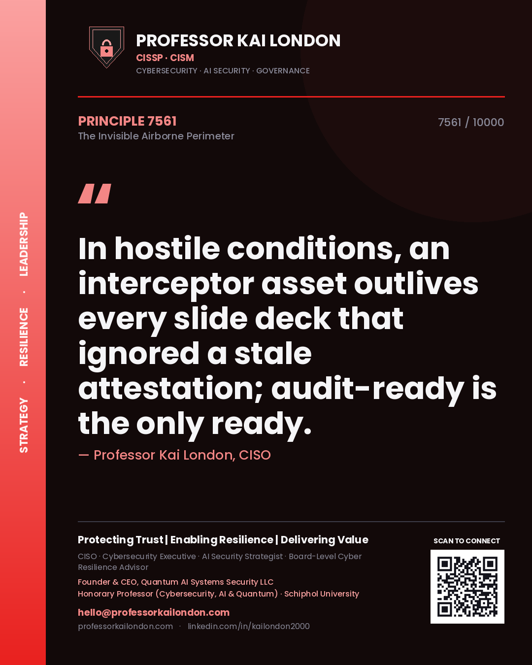 Professor Kai London principle 7561: In hostile conditions, an interceptor asset outlives every slide deck that ignored a stale attestation; audit-ready is the only ready.