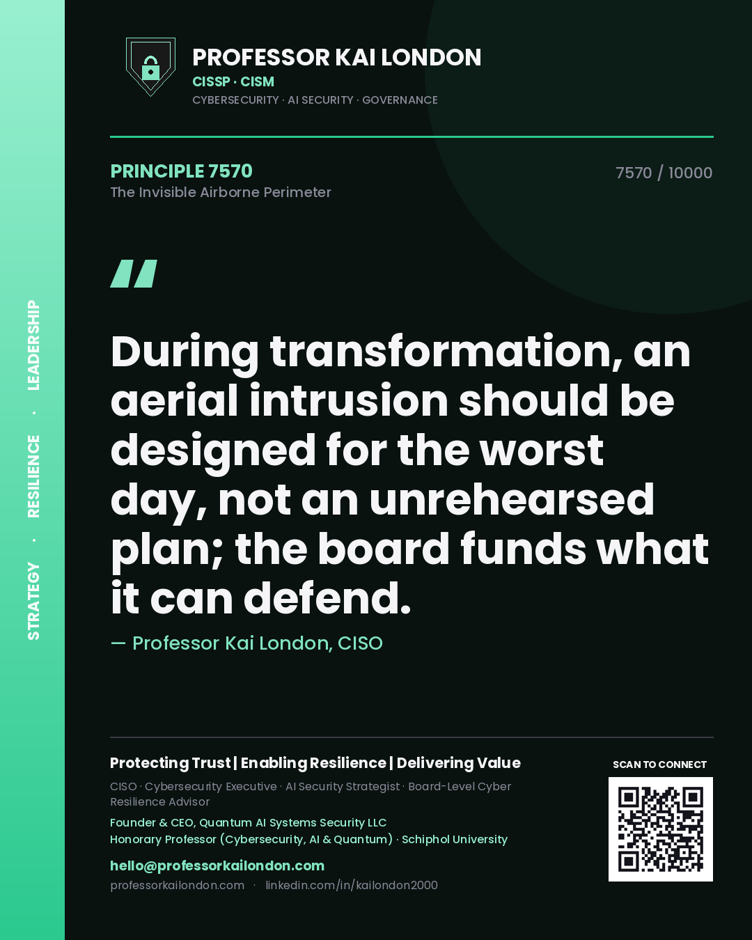 Professor Kai London principle 7570: During transformation, an aerial intrusion should be designed for the worst day, not an unrehearsed plan; the board funds what it can defend.