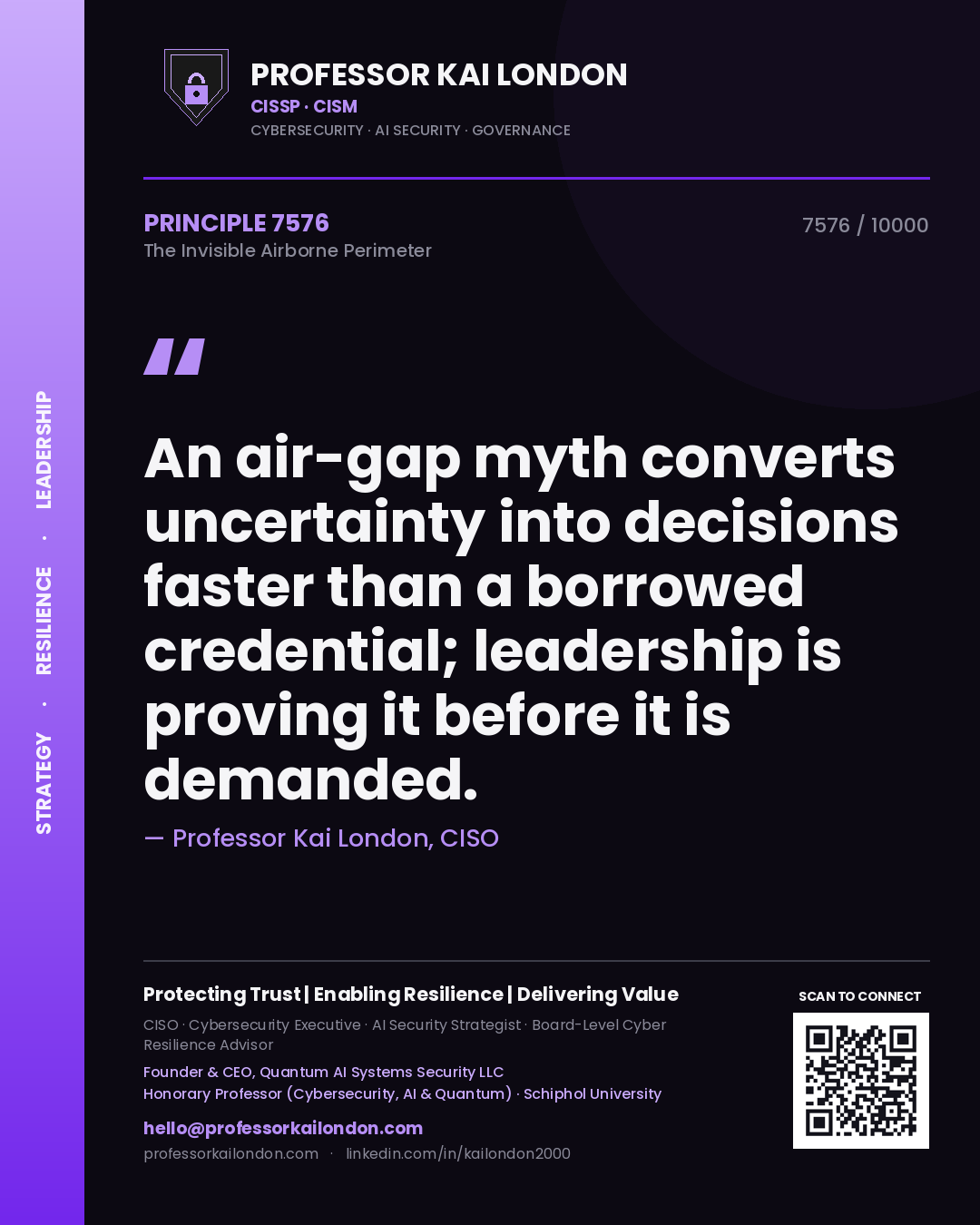 Quote card by Professor Kai London reading 'An air-gap myth converts uncertainty into decisions faster than a borrowed credential; leadership is proving it before it is demanded.'. From the book The Invisible Airborne Perimeter.