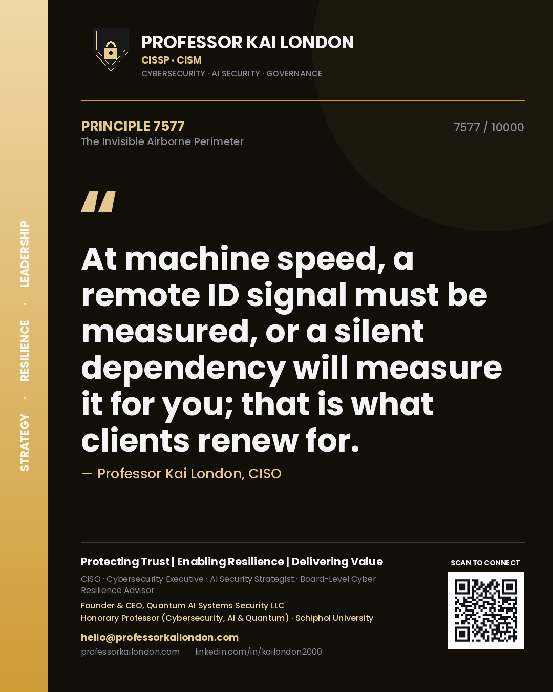 Quote card by Professor Kai London reading 'At machine speed, a remote ID signal must be measured, or a silent dependency will measure it for you; that is what clients renew for.'. From the book The Invisible Airborne Perimeter.