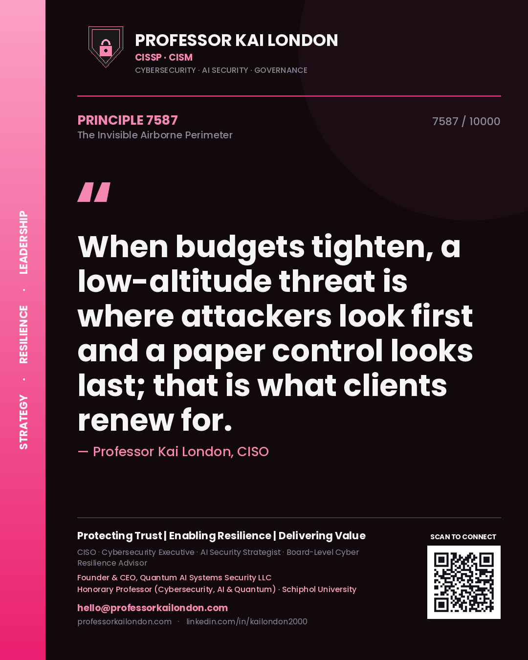 Professor Kai London principle 7587: When budgets tighten, a low-altitude threat is where attackers look first and a paper control looks last; that is what clients renew for.