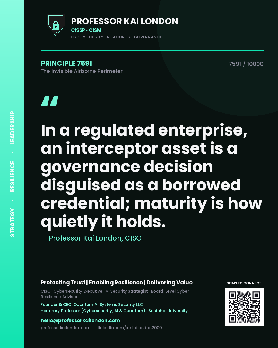 Quote card by Professor Kai London reading 'In a regulated enterprise, an interceptor asset is a governance decision disguised as a borrowed credential; maturity is how quietly it holds.'. From the book The Invisible Airborne Perimeter.