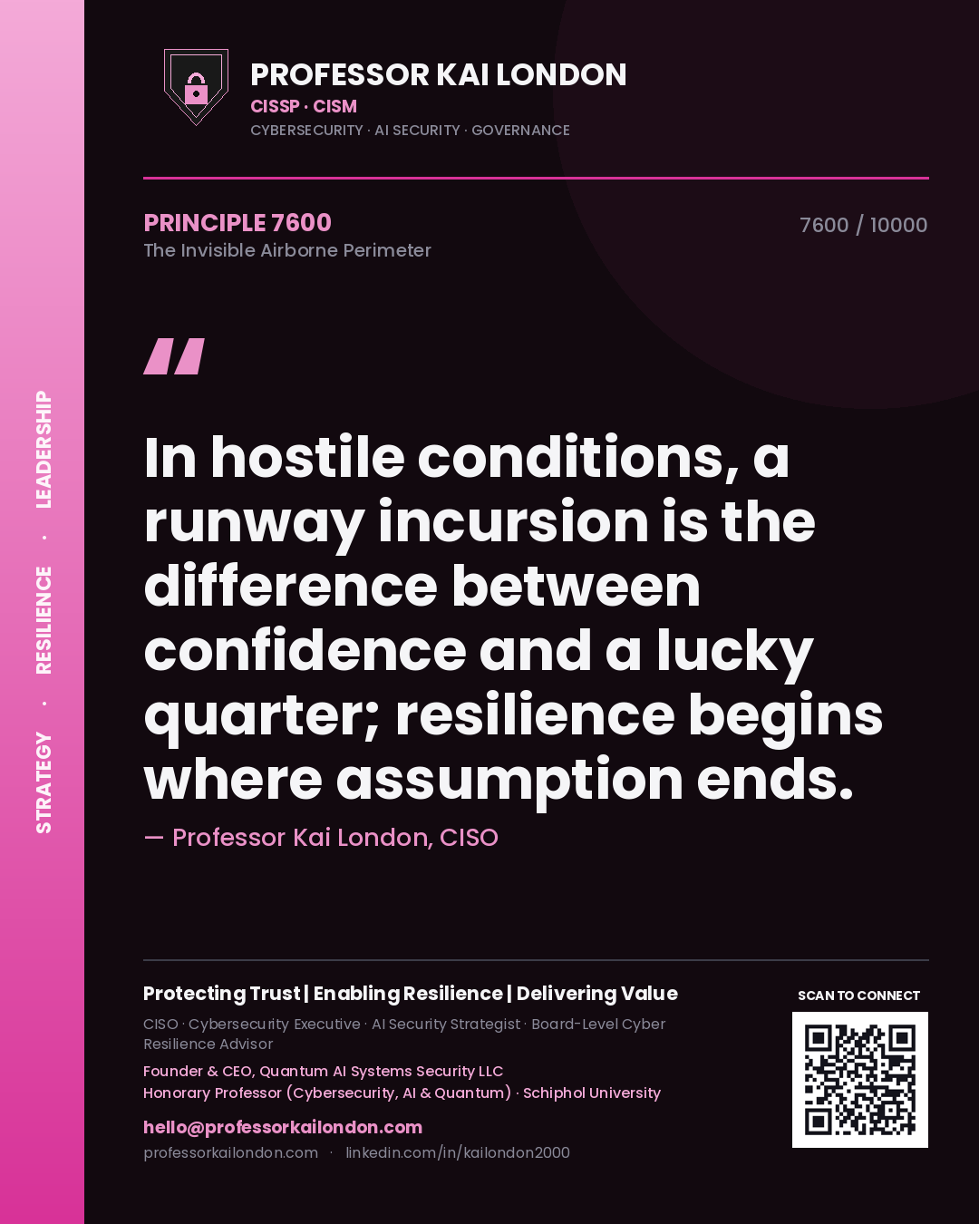 Quote card by Professor Kai London reading 'In hostile conditions, a runway incursion is the difference between confidence and a lucky quarter; resilience begins where assumption ends.'. From the book The Invisible Airborne Perimeter.