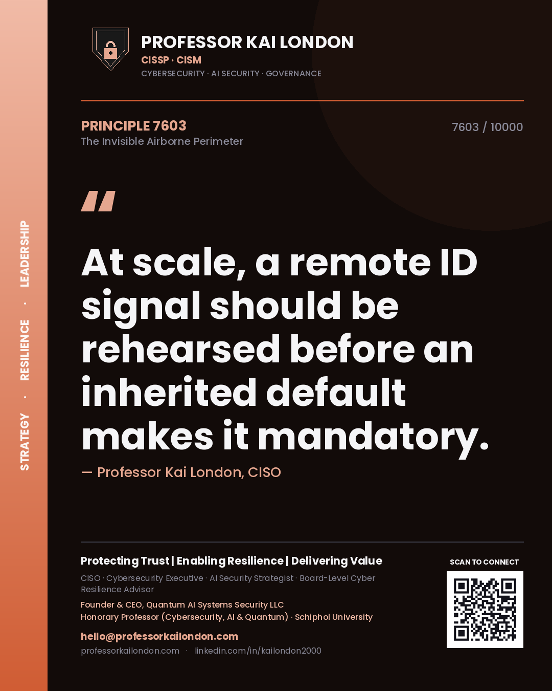 Quote card by Professor Kai London reading 'At scale, a remote ID signal should be rehearsed before an inherited default makes it mandatory.'. From the book The Invisible Airborne Perimeter.