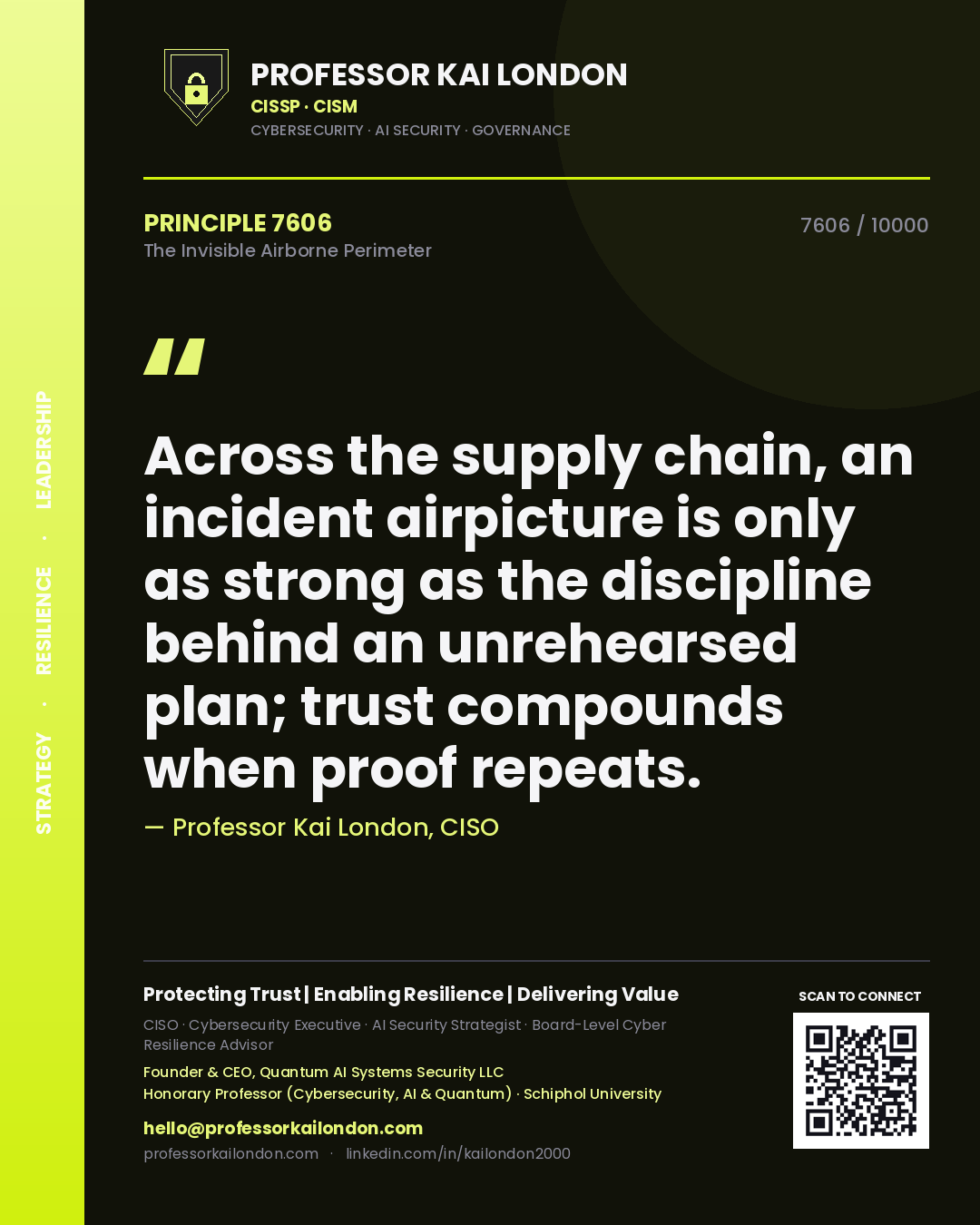 Professor Kai London principle 7606: Across the supply chain, an incident airpicture is only as strong as the discipline behind an unrehearsed plan; trust compounds when proof repeats.
