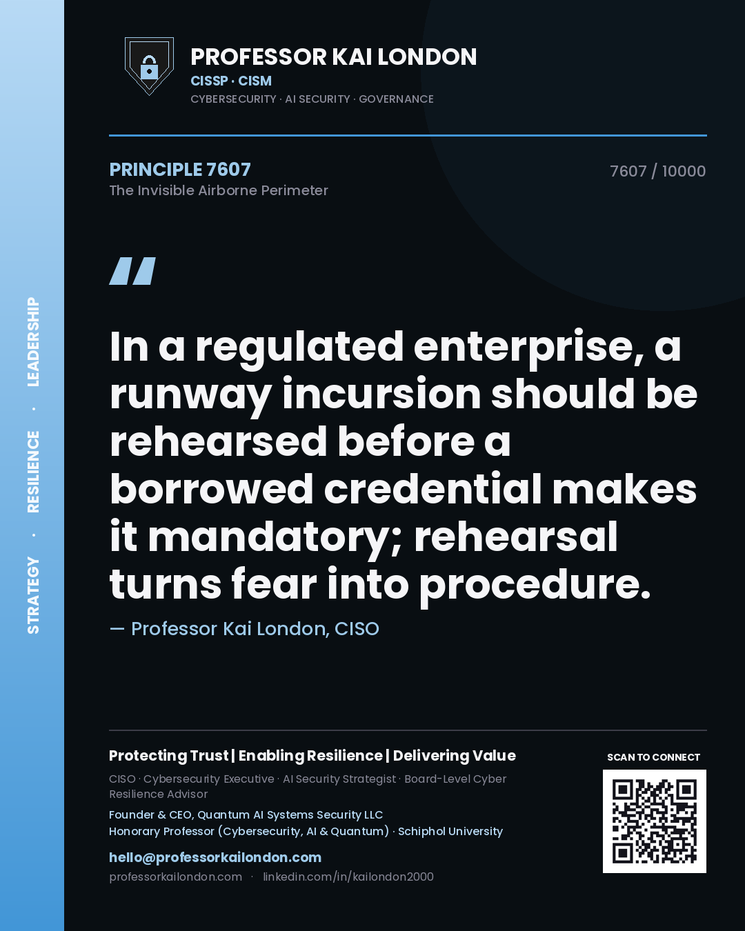 Professor Kai London principle 7607: In a regulated enterprise, a runway incursion should be rehearsed before a borrowed credential makes it mandatory; rehearsal turns fear into procedure.
