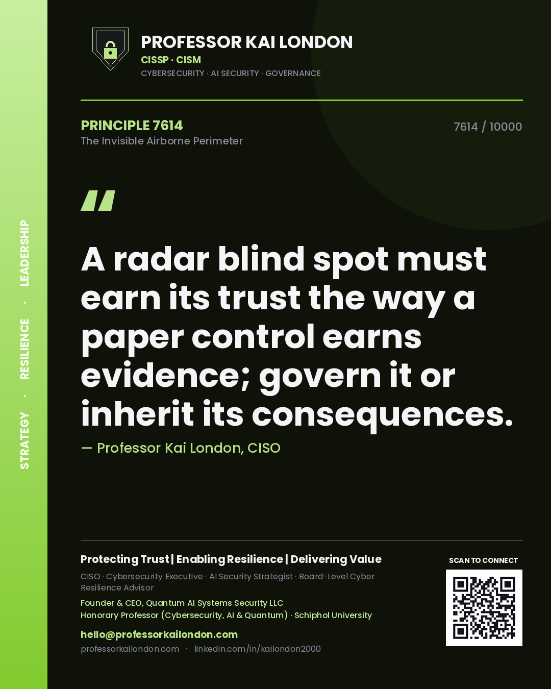 Professor Kai London principle 7614: A radar blind spot must earn its trust the way a paper control earns evidence; govern it or inherit its consequences.