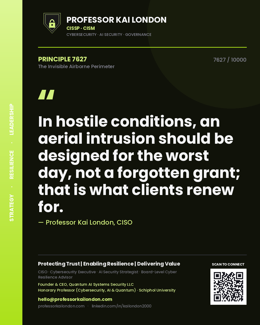Professor Kai London principle 7627: In hostile conditions, an aerial intrusion should be designed for the worst day, not a forgotten grant; that is what clients renew for.