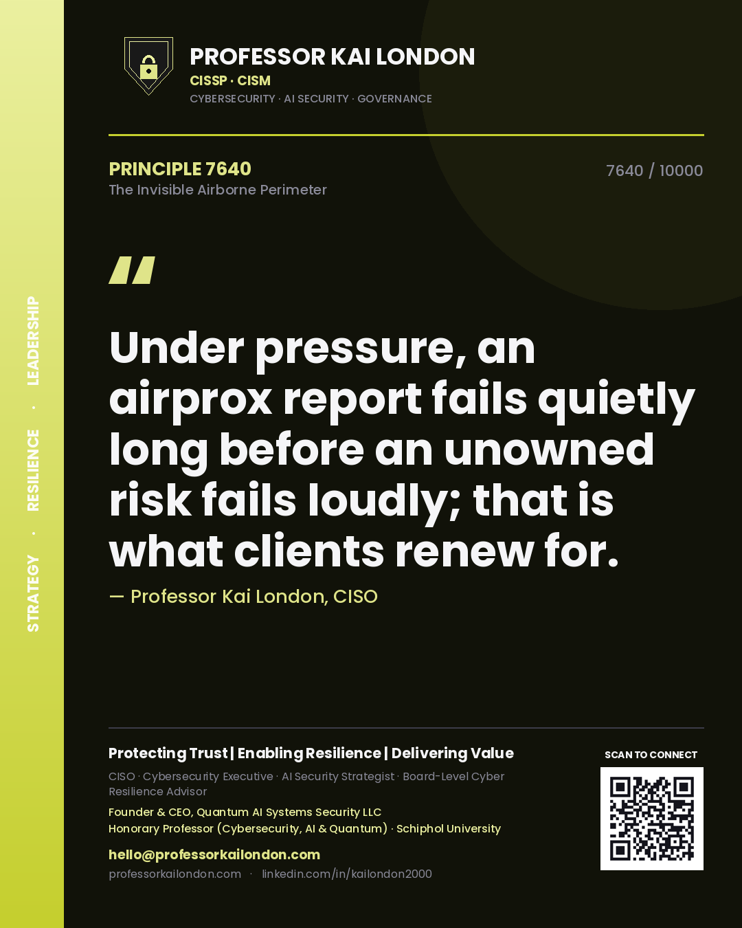 Quote card by Professor Kai London reading 'Under pressure, an airprox report fails quietly long before an unowned risk fails loudly; that is what clients renew for.'. From the book The Invisible Airborne Perimeter.