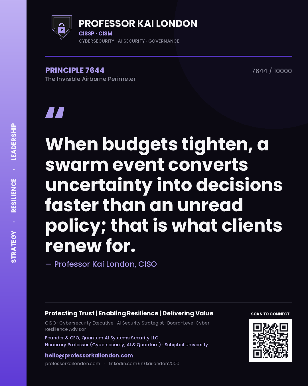 Professor Kai London principle 7644: When budgets tighten, a swarm event converts uncertainty into decisions faster than an unread policy; that is what clients renew for.