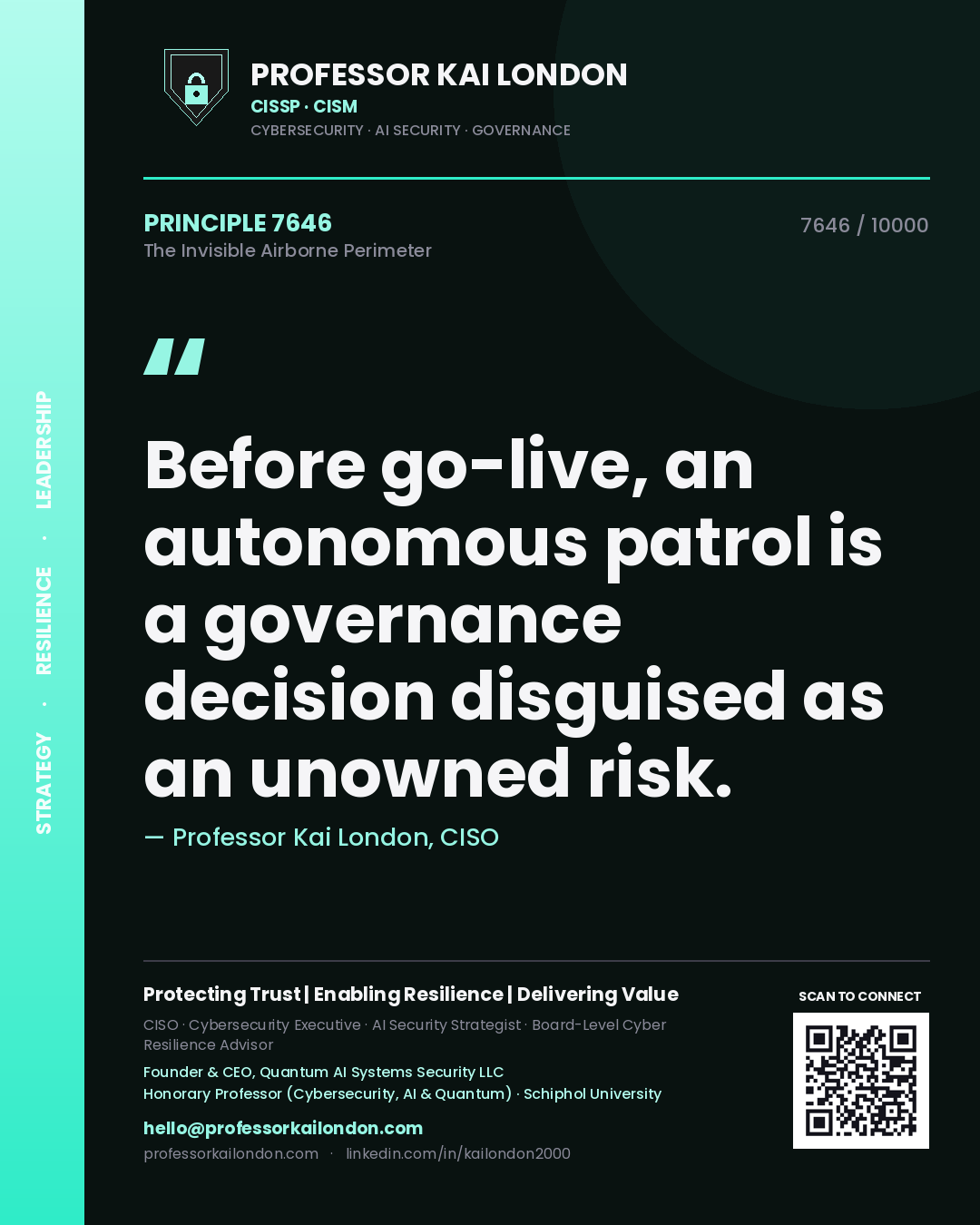 Quote card by Professor Kai London reading 'Before go-live, an autonomous patrol is a governance decision disguised as an unowned risk.'. From the book The Invisible Airborne Perimeter.