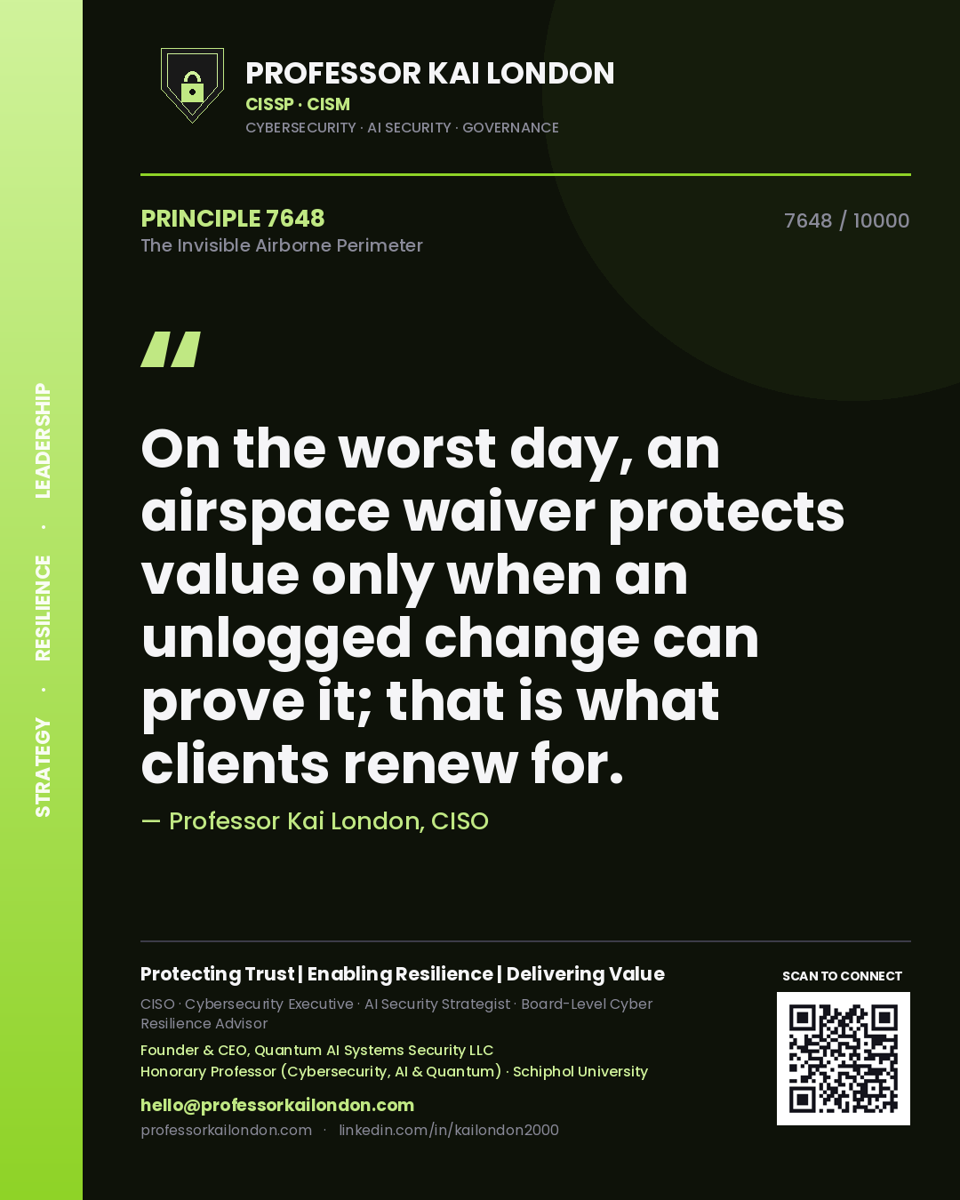 Professor Kai London principle 7648: On the worst day, an airspace waiver protects value only when an unlogged change can prove it; that is what clients renew for.