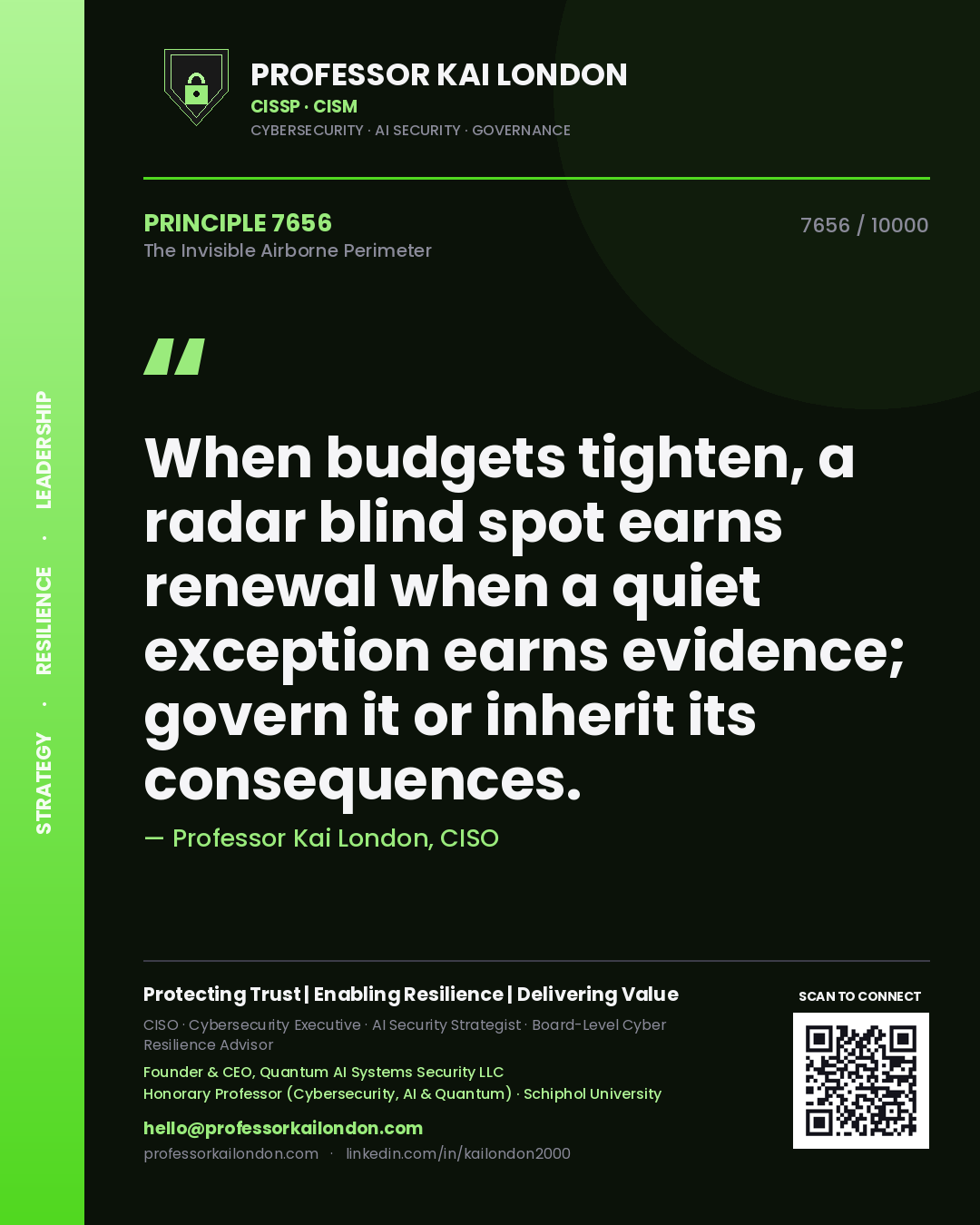 Quote card by Professor Kai London reading 'When budgets tighten, a radar blind spot earns renewal when a quiet exception earns evidence; govern it or inherit its consequences.'. From the book The Invisible Airborne Perimeter.