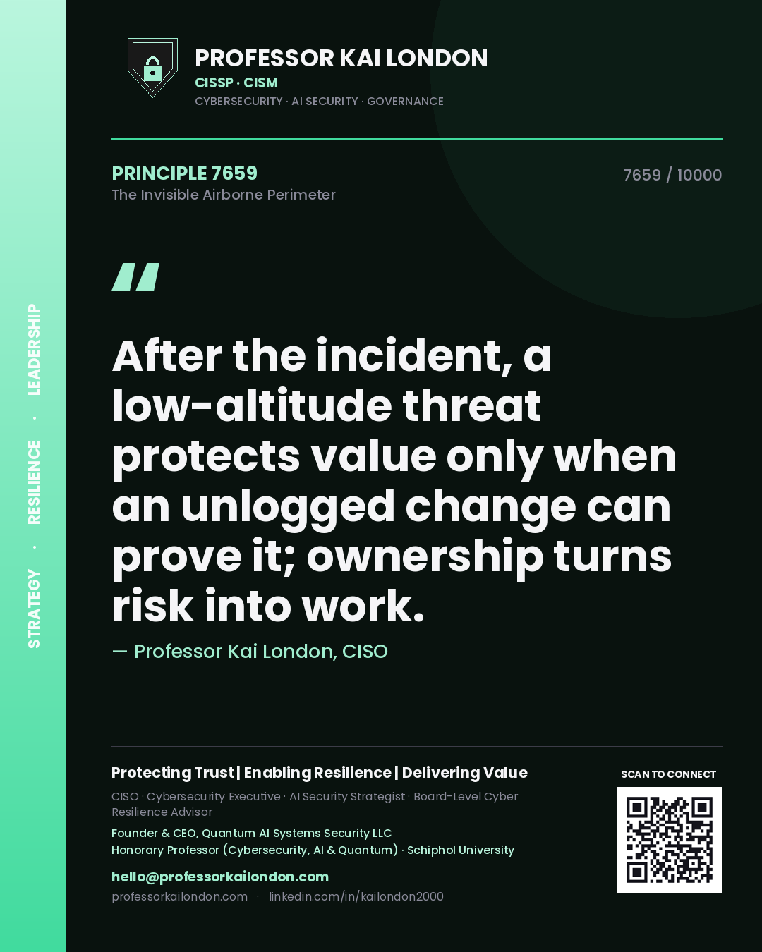 Professor Kai London principle 7659: After the incident, a low-altitude threat protects value only when an unlogged change can prove it; ownership turns risk into work.