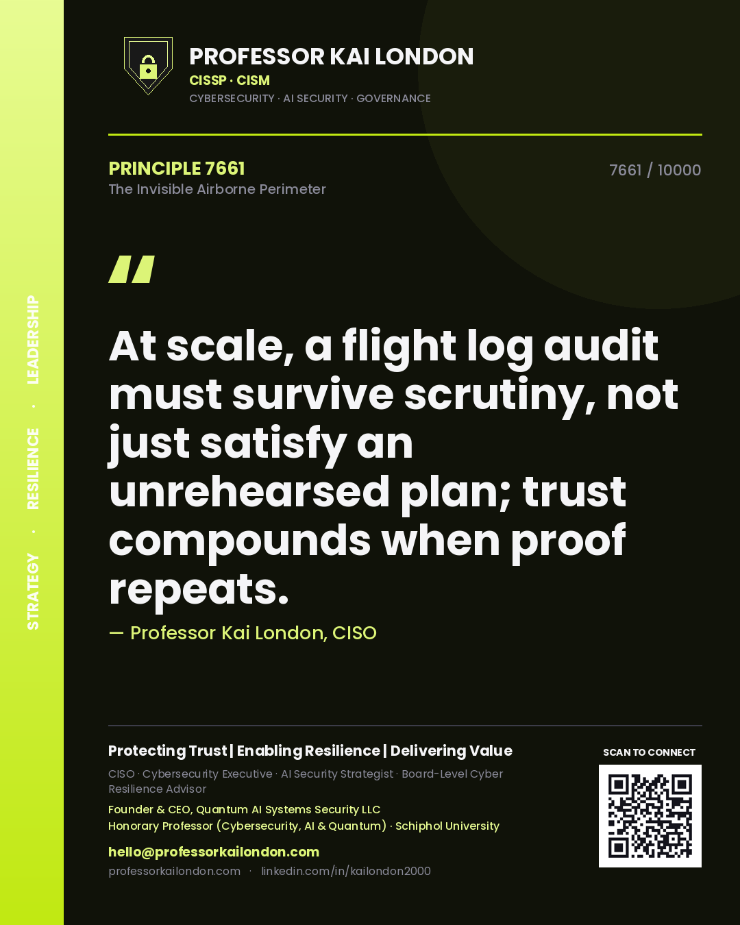 Quote card by Professor Kai London reading 'At scale, a flight log audit must survive scrutiny, not just satisfy an unrehearsed plan; trust compounds when proof repeats.'. From the book The Invisible Airborne Perimeter.