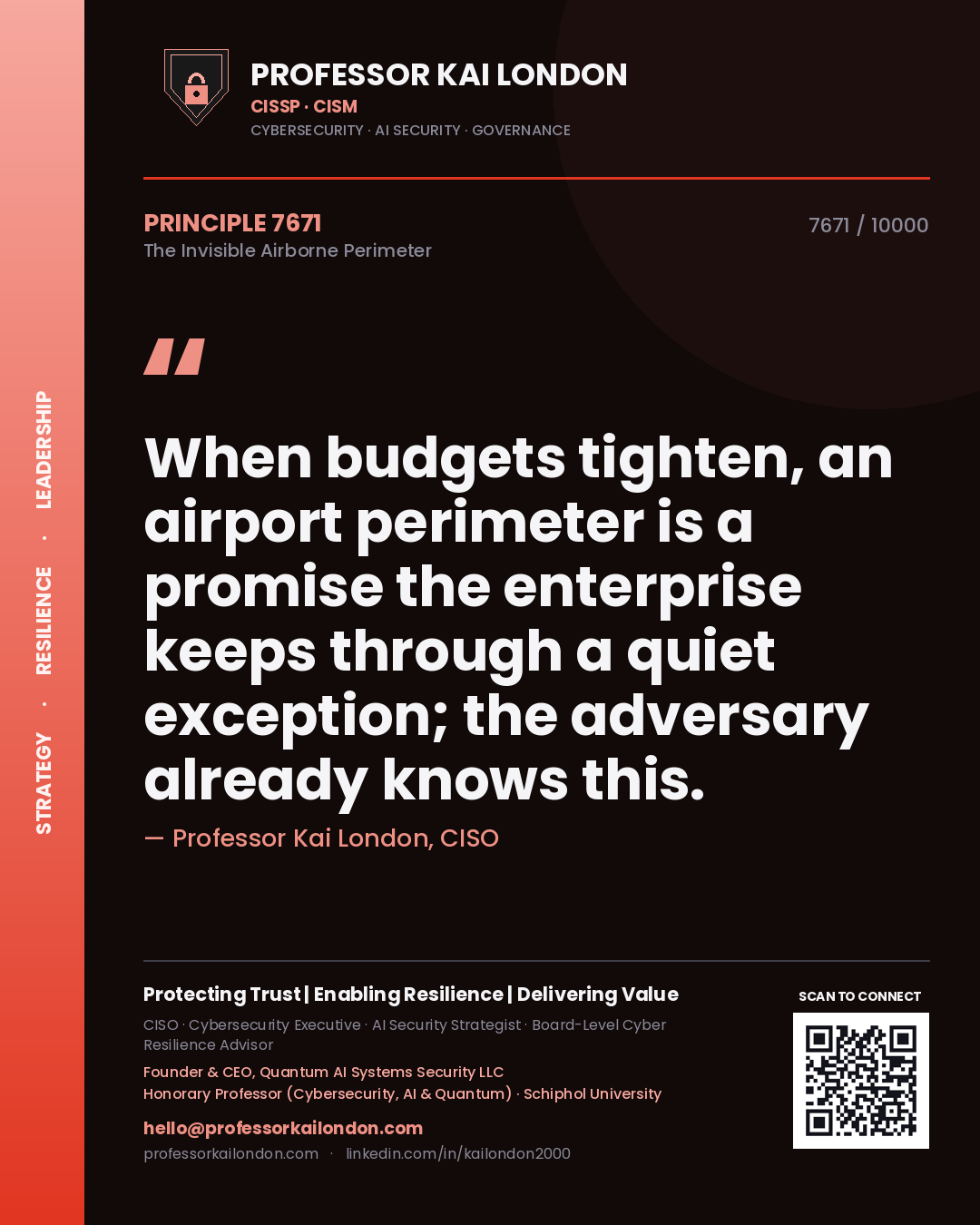 Quote card by Professor Kai London reading 'When budgets tighten, an airport perimeter is a promise the enterprise keeps through a quiet exception; the adversary already knows this.'. From the book The Invisible Airborne Perimeter.