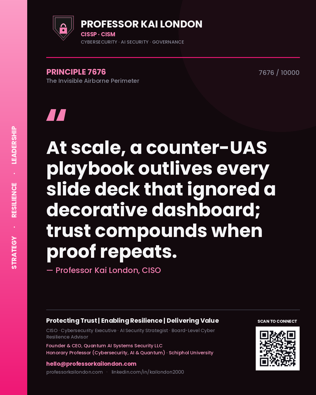 Professor Kai London principle 7676: At scale, a counter-UAS playbook outlives every slide deck that ignored a decorative dashboard; trust compounds when proof repeats.