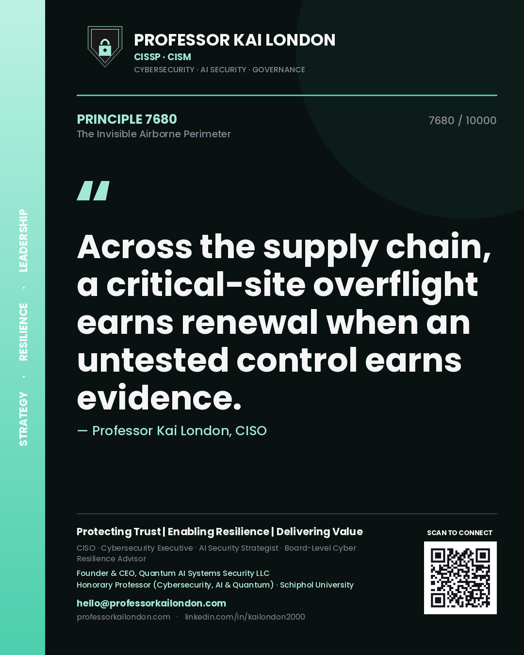 Quote card by Professor Kai London reading 'Across the supply chain, a critical-site overflight earns renewal when an untested control earns evidence.'. From the book The Invisible Airborne Perimeter.