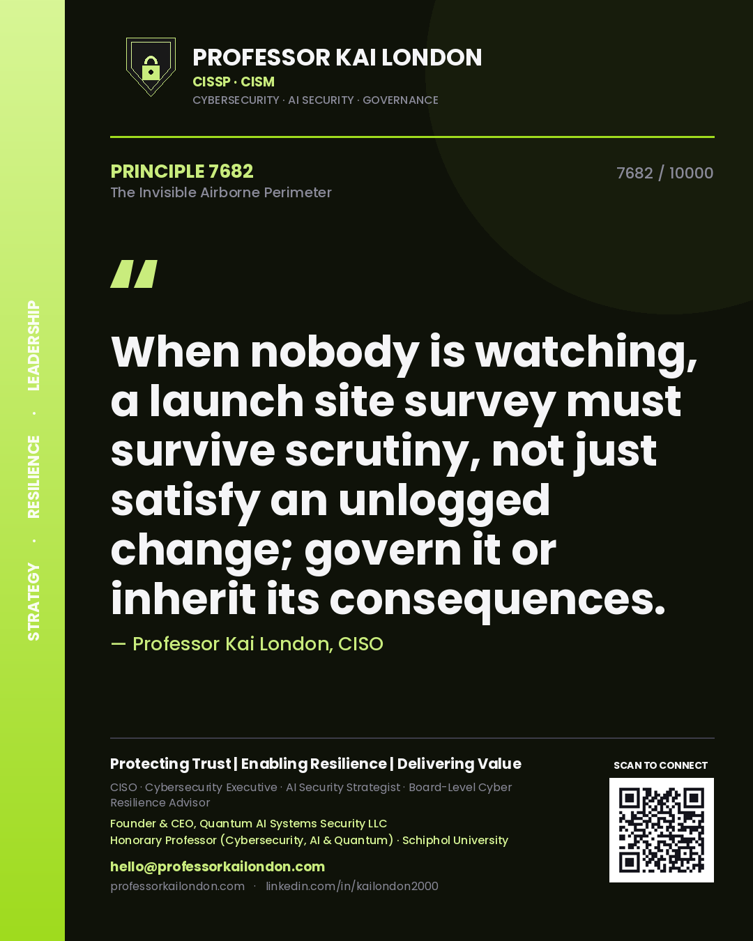 Professor Kai London principle 7682: When nobody is watching, a launch site survey must survive scrutiny, not just satisfy an unlogged change; govern it or inherit its consequences.