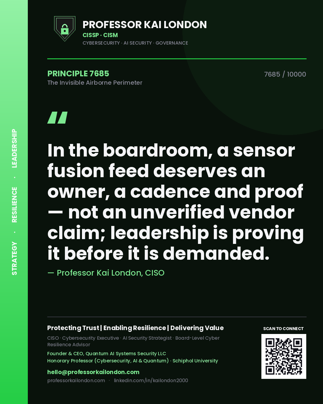 Professor Kai London principle 7685: In the boardroom, a sensor fusion feed deserves an owner, a cadence and proof — not an unverified vendor claim; leadership is proving it before it is demanded.