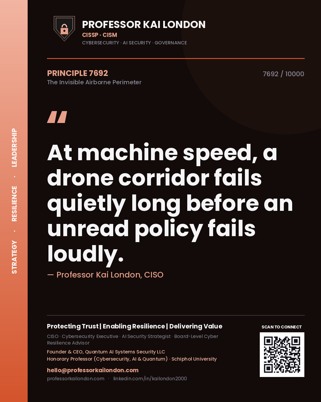 Professor Kai London principle 7692: At machine speed, a drone corridor fails quietly long before an unread policy fails loudly.